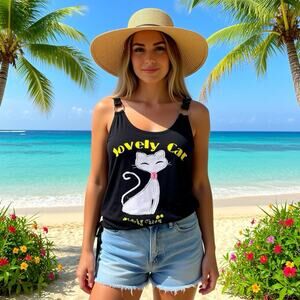 Vintage Y2K Unique Black TankTop Women Jrs XS Lovely Cat Lucky Charm Whimsigoth